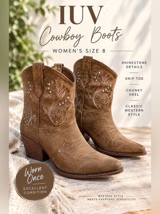 IUV Shoes - IUV Cowboy Boots Women Size 8 Brown Rhinestone Western Cowgirl Ankle Boots